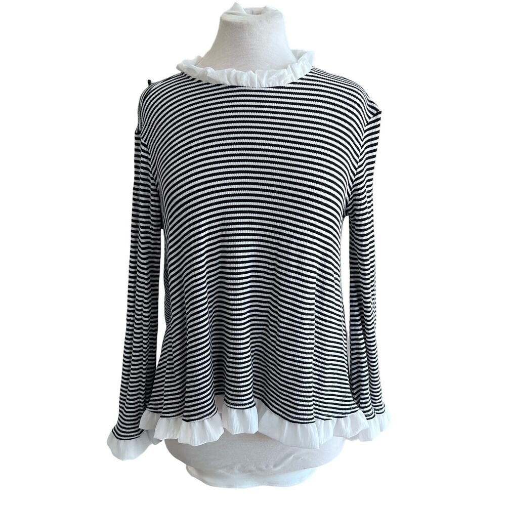 Altar'd State Small Black Striped Ruffled Long Sleeve Tunic Knit Top